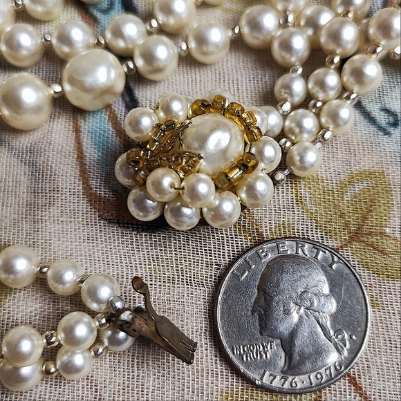 Three 3 Strand Faux Pearl Gold Tone Collar Necklace Clear AB Beads Japan Clasp - Picture 4 of 16